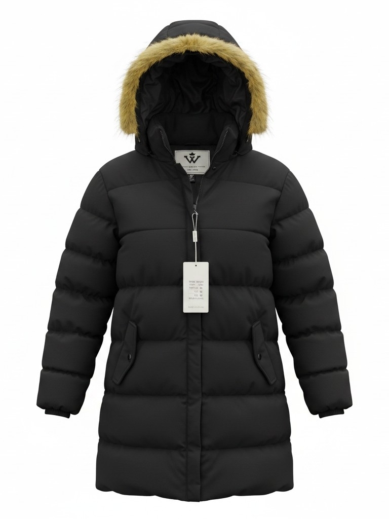Wenven - Unisex- Size Medium Black Puffer Parka With Faux Fur Trim Hood